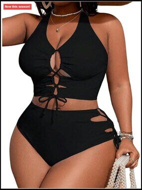 Plus Size Bikini Set Lace Up Tummy Control High Waist 2 Piece Bathing Suit